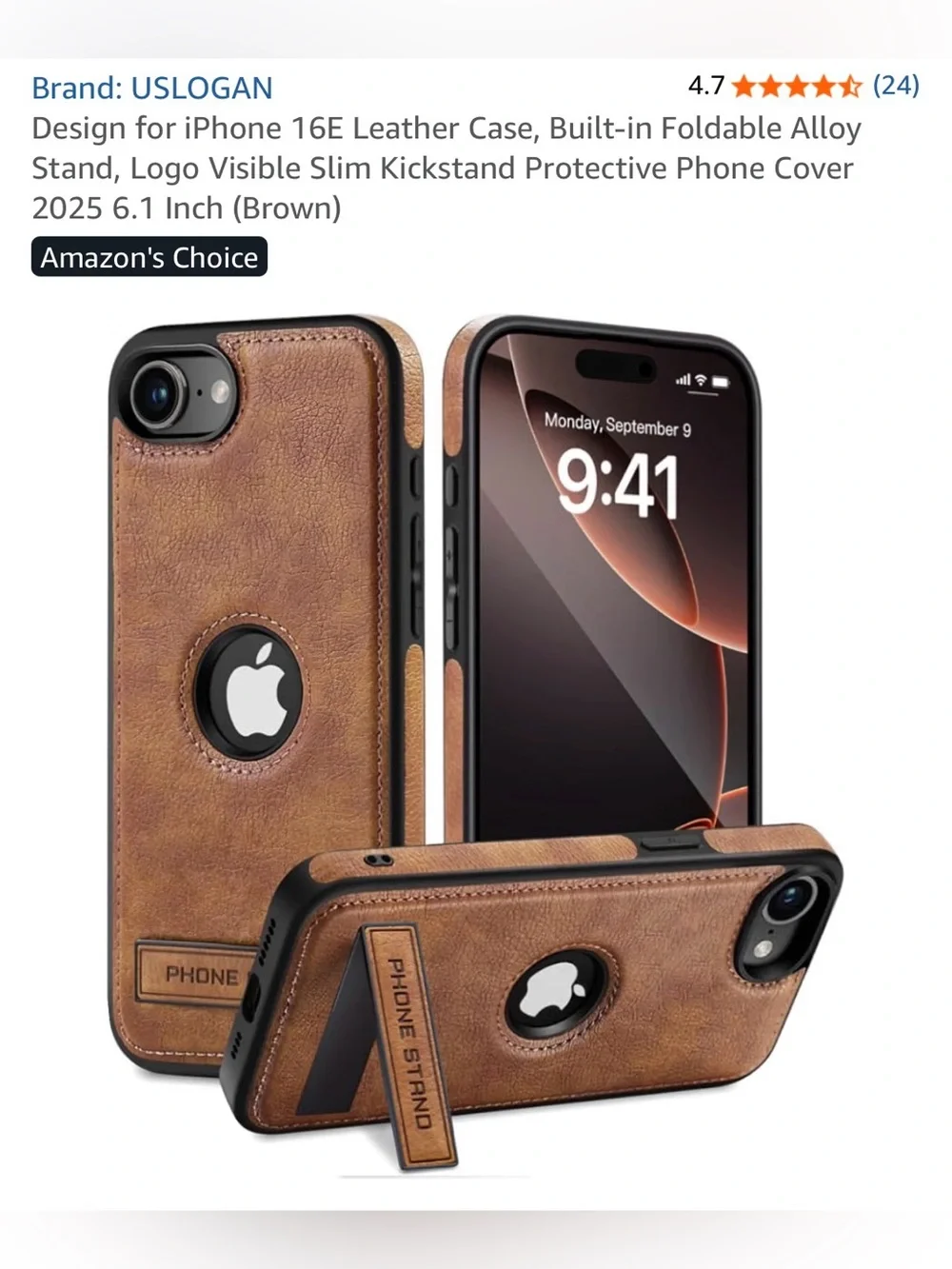 Brown Leather iPhone 16E Case with Built-in Kickstand